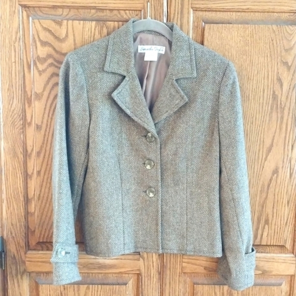 Samantha Taylor Vintage Women's Sz‎ 2P Blazer Jacket Beige Herringbone 100% Wool